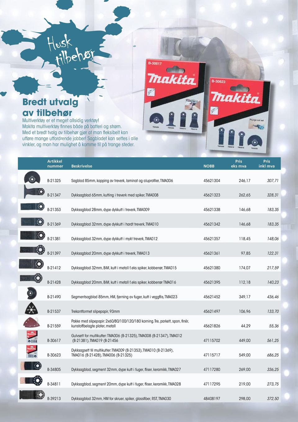 Artikkel nummer Beskrivelse NOBB Pris Pris inkl mva B-21325 Sagblad 85mm, kapping av treverk, laminat og aluprofiler, TMA006 45621304 246,17 307,71 B-21347 Dykksagblad 65mm, kutting i treverk med