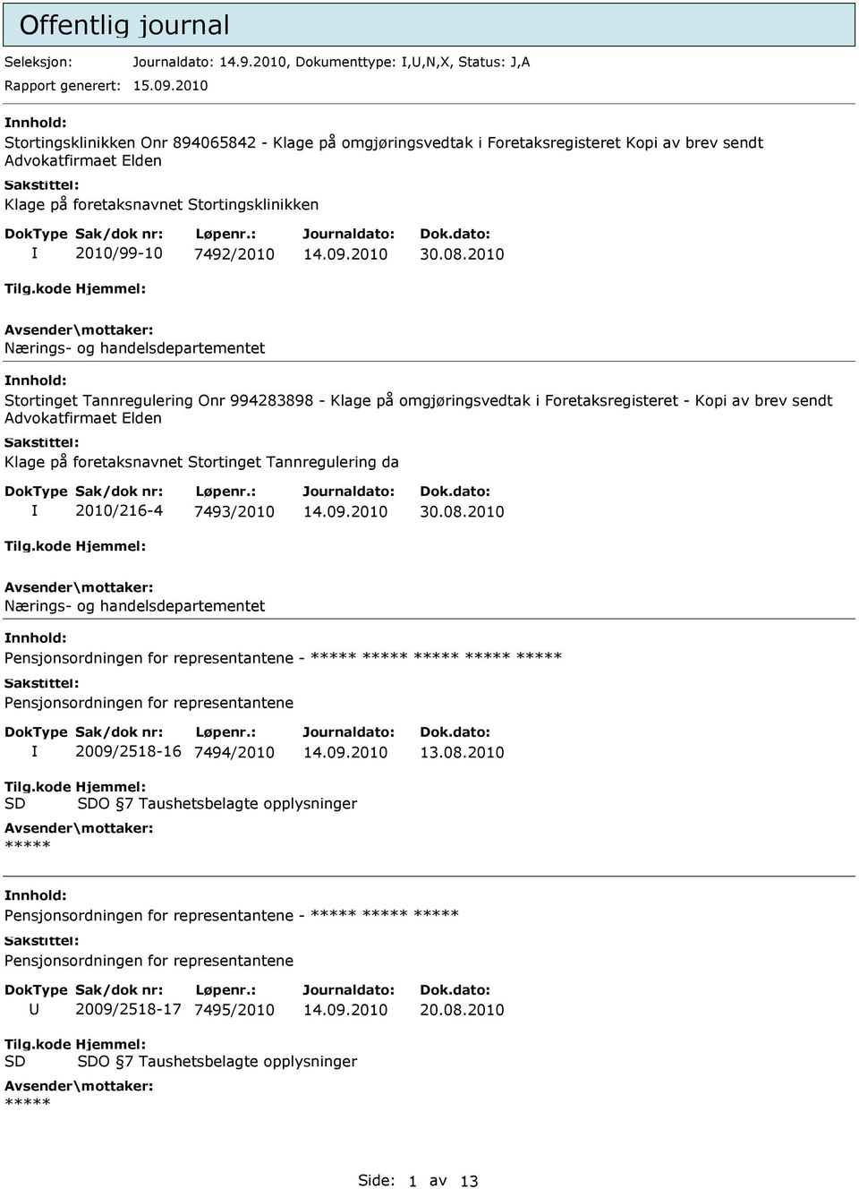 2010 Nærings- og handelsdepartementet Stortinget Tannregulering Onr 994283898 - Klage på omgjøringsvedtak i Foretaksregisteret - Kopi av brev sendt Advokatfirmaet Elden Klage på foretaksnavnet