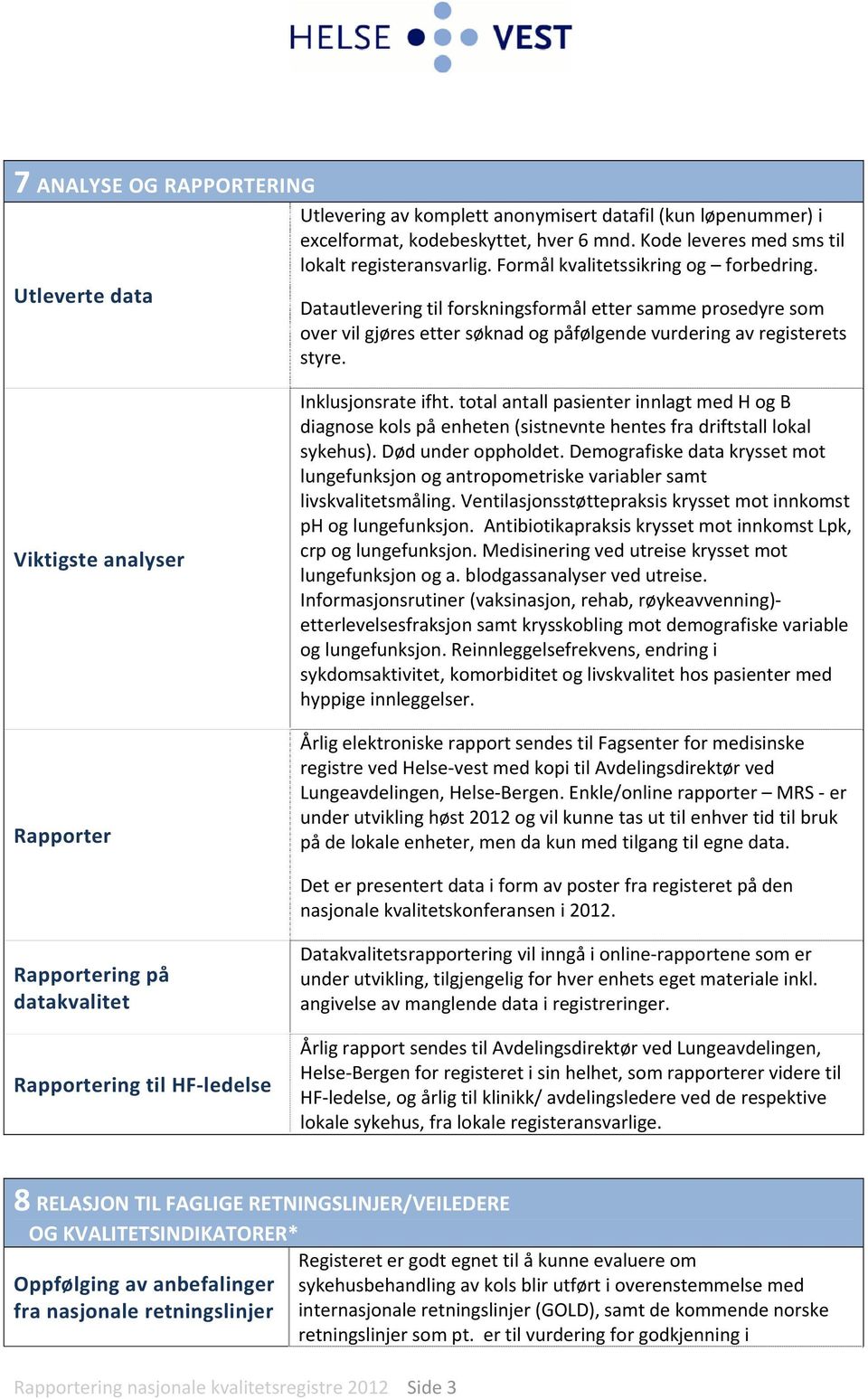 Viktigste analyser Rapporter Inklusjonsrate ifht. total antall pasienter innlagt med H og B diagnose kols på enheten (sistnevnte hentes fra driftstall lokal sykehus). Død under oppholdet.