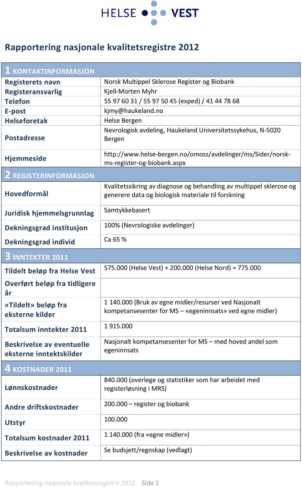 no Helseforetak Helse Bergen Nevrologisk avdeling, Haukeland Universitetssykehus, N 5020 Postadresse Bergen Hjemmeside 2 REGISTERINFORMASJON Hovedformål http://www.helse bergen.