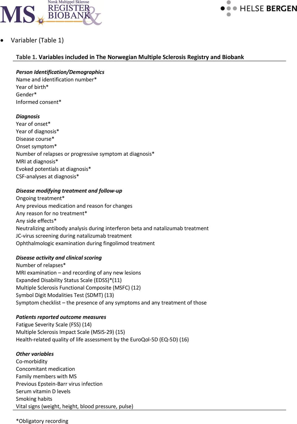 of onset* Year of diagnosis* Disease course* Onset symptom* Number of relapses or progressive symptom at diagnosis* MRI at diagnosis* Evoked potentials at diagnosis* CSF analyses at diagnosis*