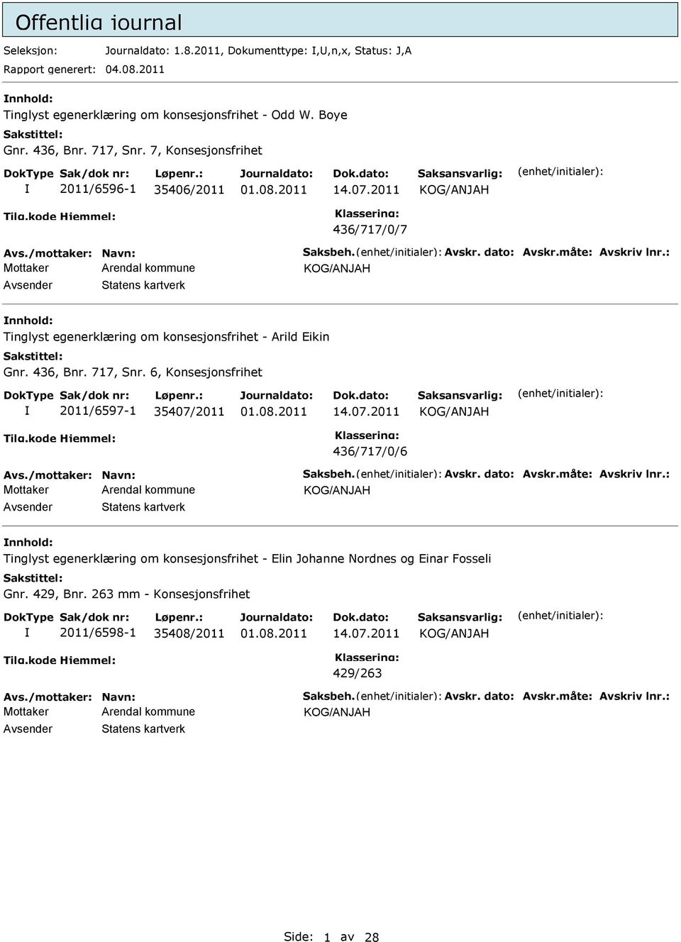 436, Bnr. 717, Snr. 6, Konsesjonsfrihet 2011/6597-1 35407/2011 436/717/0/6 Avs./mottaker: Navn: Saksbeh. Avskr. dato: Avskr.måte: Avskriv lnr.