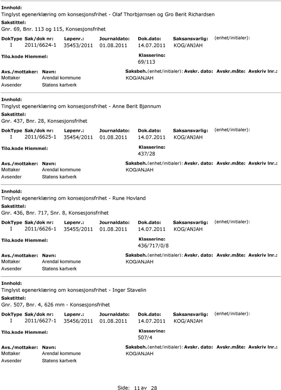 /mottaker: Navn: Saksbeh. Avskr. dato: Avskr.måte: Avskriv lnr.: nnhold: Tinglyst egenerklæring om konsesjonsfrihet - Rune Hovland Gnr. 436, Bnr. 717, Snr.