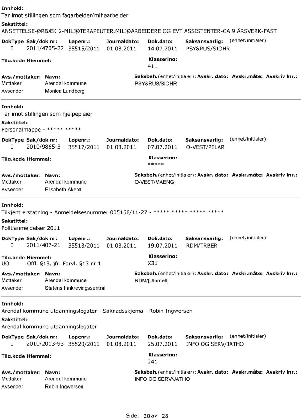 07.2011 O-VEST/PELAR Avs./mottaker: Navn: Saksbeh. Avskr. dato: Avskr.måte: Avskriv lnr.