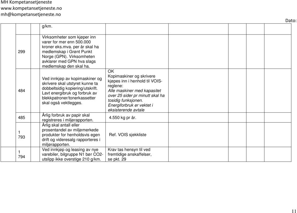 Lavt energibruk og forbruk av blekkpatroner/tonerkassetter skal også vektlegges. Årlig forbruk av papir skal registreres i miljørapporten.