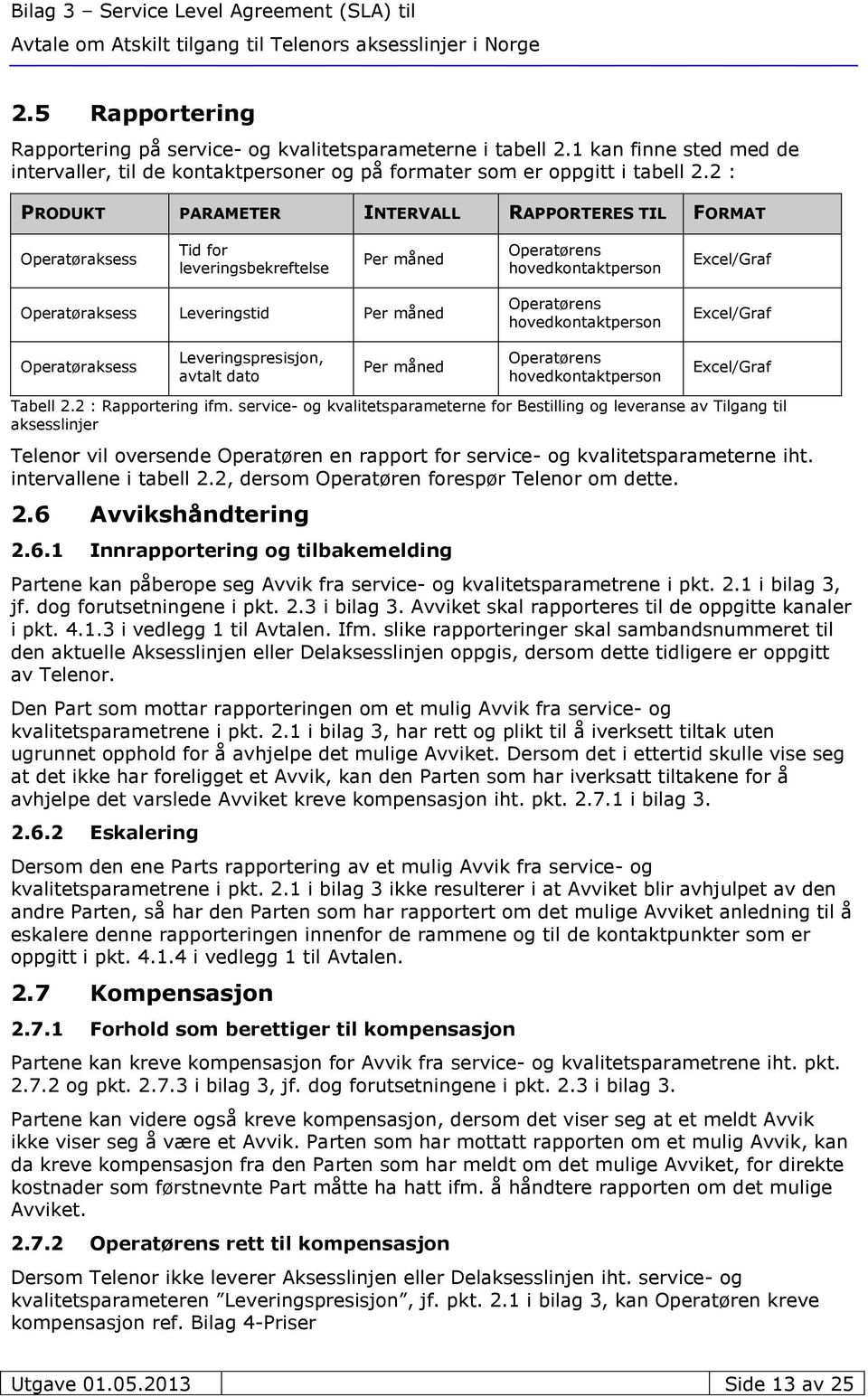 Operatørens hovedkontaktperson Excel/Graf Operatøraksess Leveringspresisjon, avtalt dato Per måned Operatørens hovedkontaktperson Excel/Graf Tabell 2.2 : Rapportering ifm.