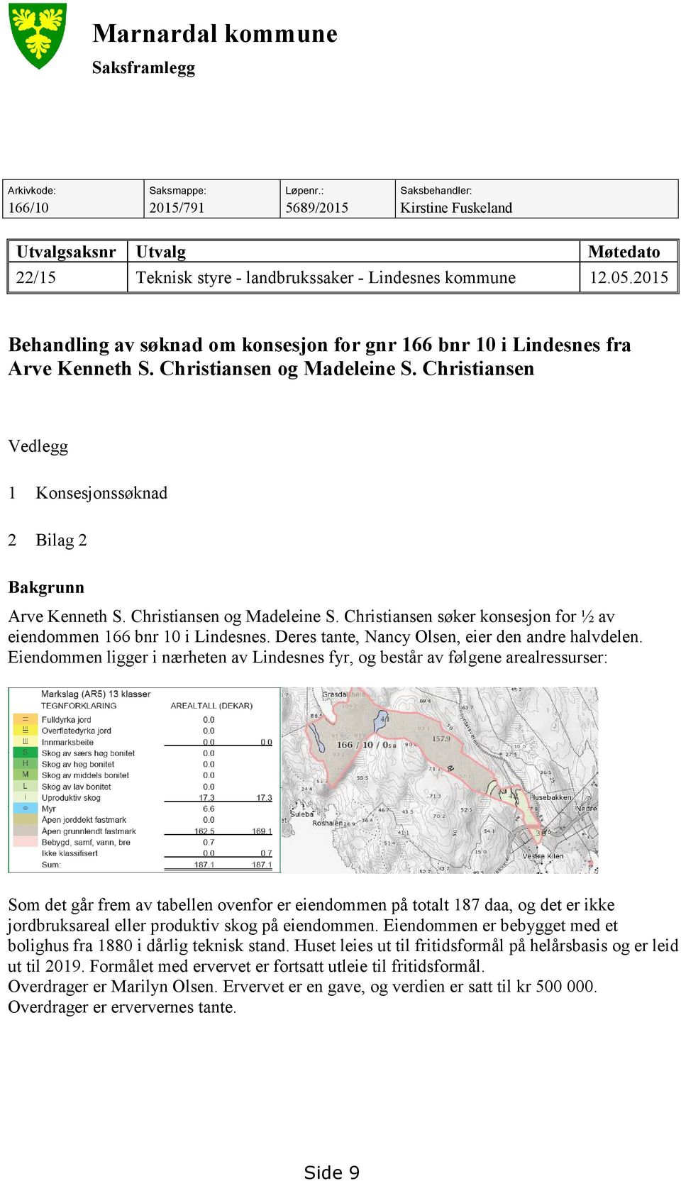 2015 Behandling av søknad om konsesjon for gnr 166 bnr 10 i Lindesnes fra Arve Kenneth S. Christiansen og Madeleine S. Christiansen Vedlegg 1 Konsesjonssøknad 2 Bilag 2 Bakgrunn Arve Kenneth S.