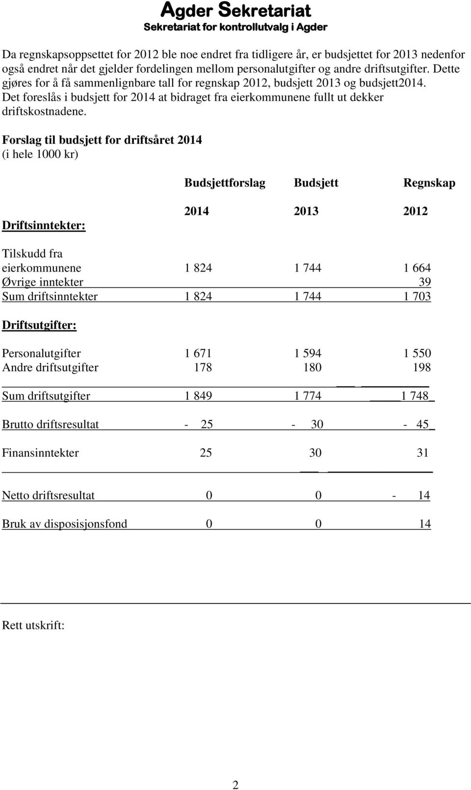 Det foreslås i budsjett for 2014 at bidraget fra eierkommunene fullt ut dekker driftskostnadene.