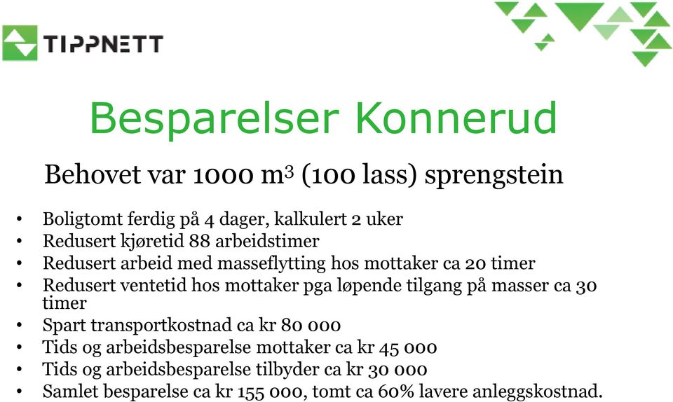 mottaker pga løpende tilgang på masser ca 30 timer Spart transportkostnad ca kr 80 000 Tids og arbeidsbesparelse