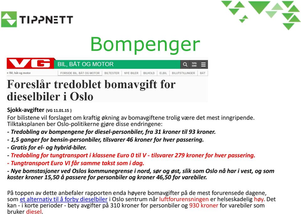 - 1,5 ganger for bensin-personbiler, tilsvarer 46 kroner for hver passering. - Gratis for el- og hybrid-biler.