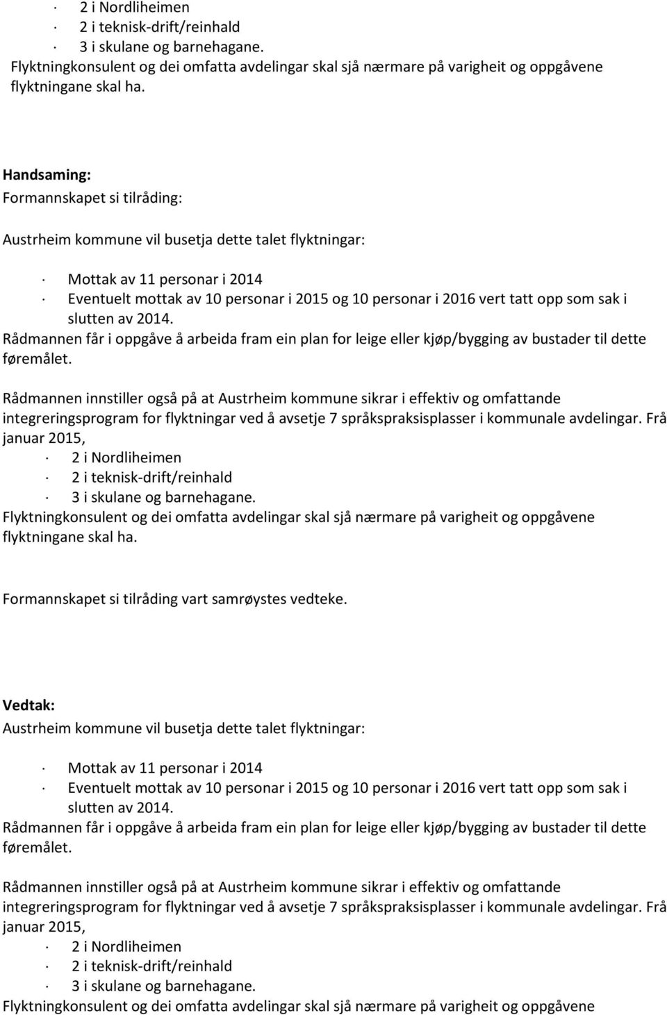 som sak i slutten av 2014. Rådmannen får i oppgåve å arbeida fram ein plan for leige eller kjøp/bygging av bustader til dette føremålet.