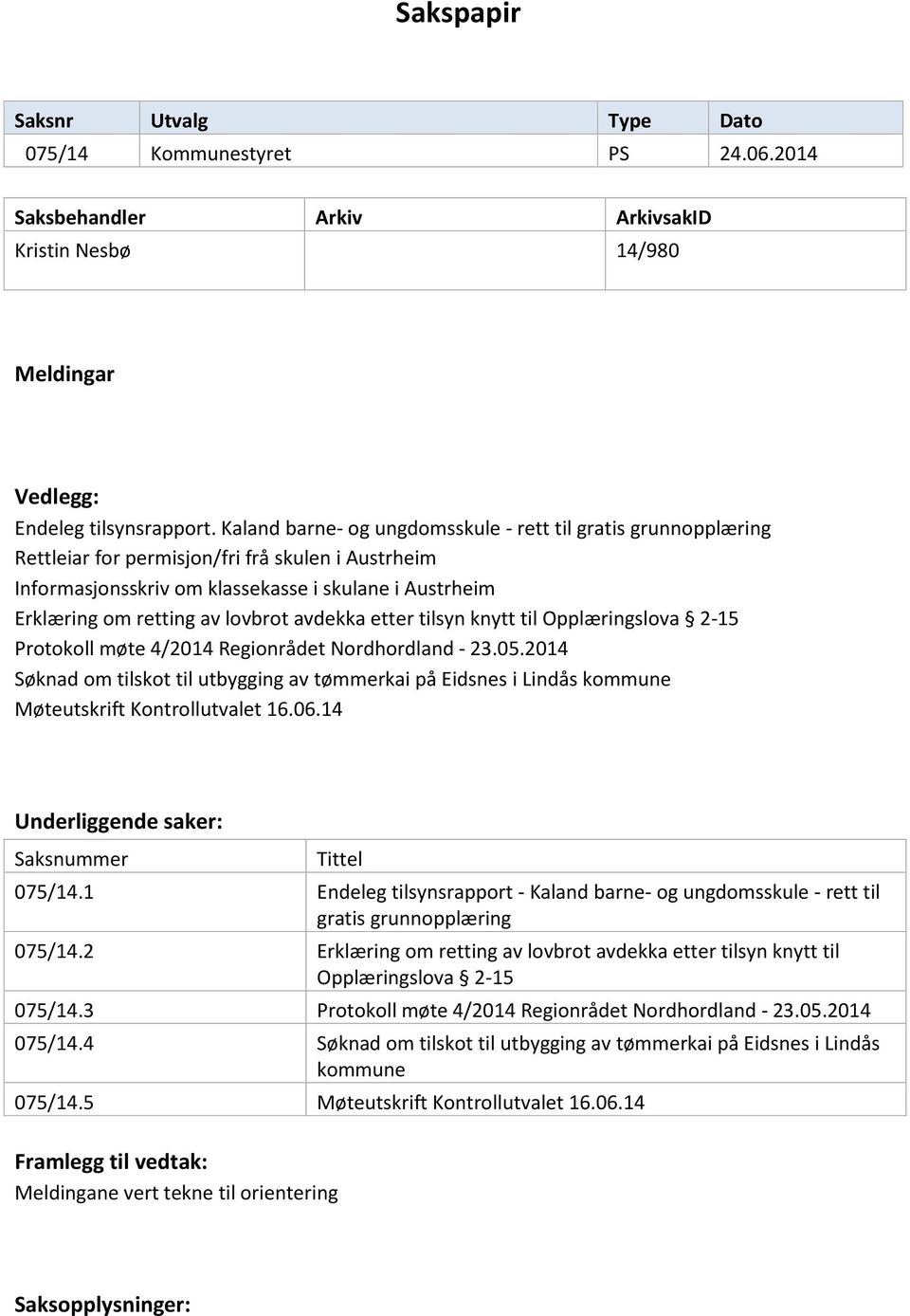 lovbrot avdekka etter tilsyn knytt til Opplæringslova 2-15 Protokoll møte 4/2014 Regionrådet Nordhordland - 23.05.