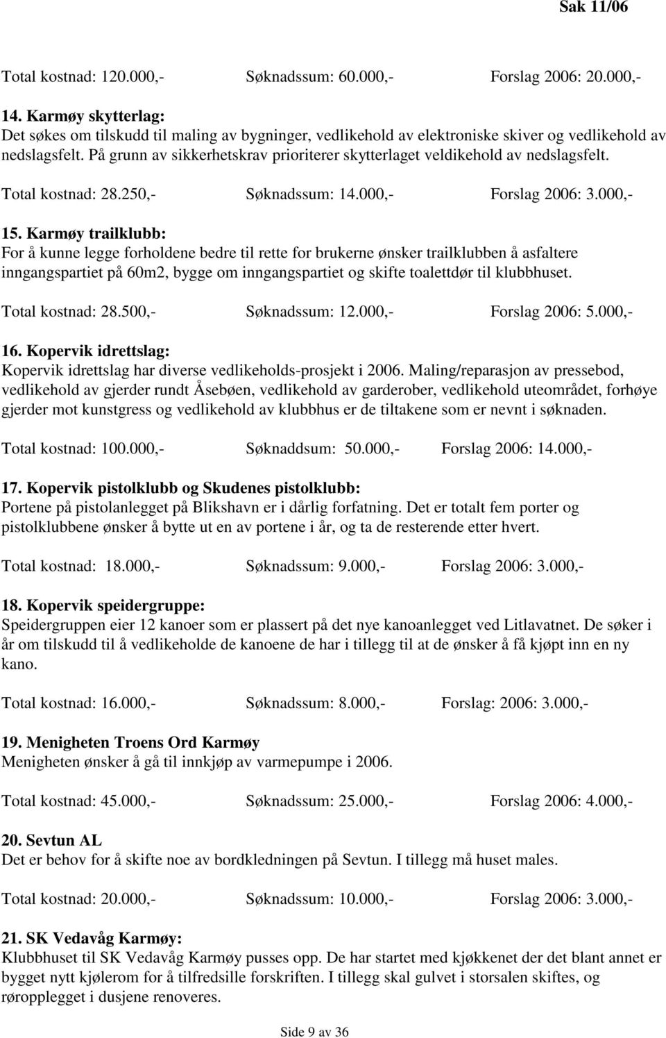 På grunn av sikkerhetskrav prioriterer skytterlaget veldikehold av nedslagsfelt. Total kostnad: 28.250,- Søknadssum: 14.000,- Forslag 2006: 3.000,- 15.