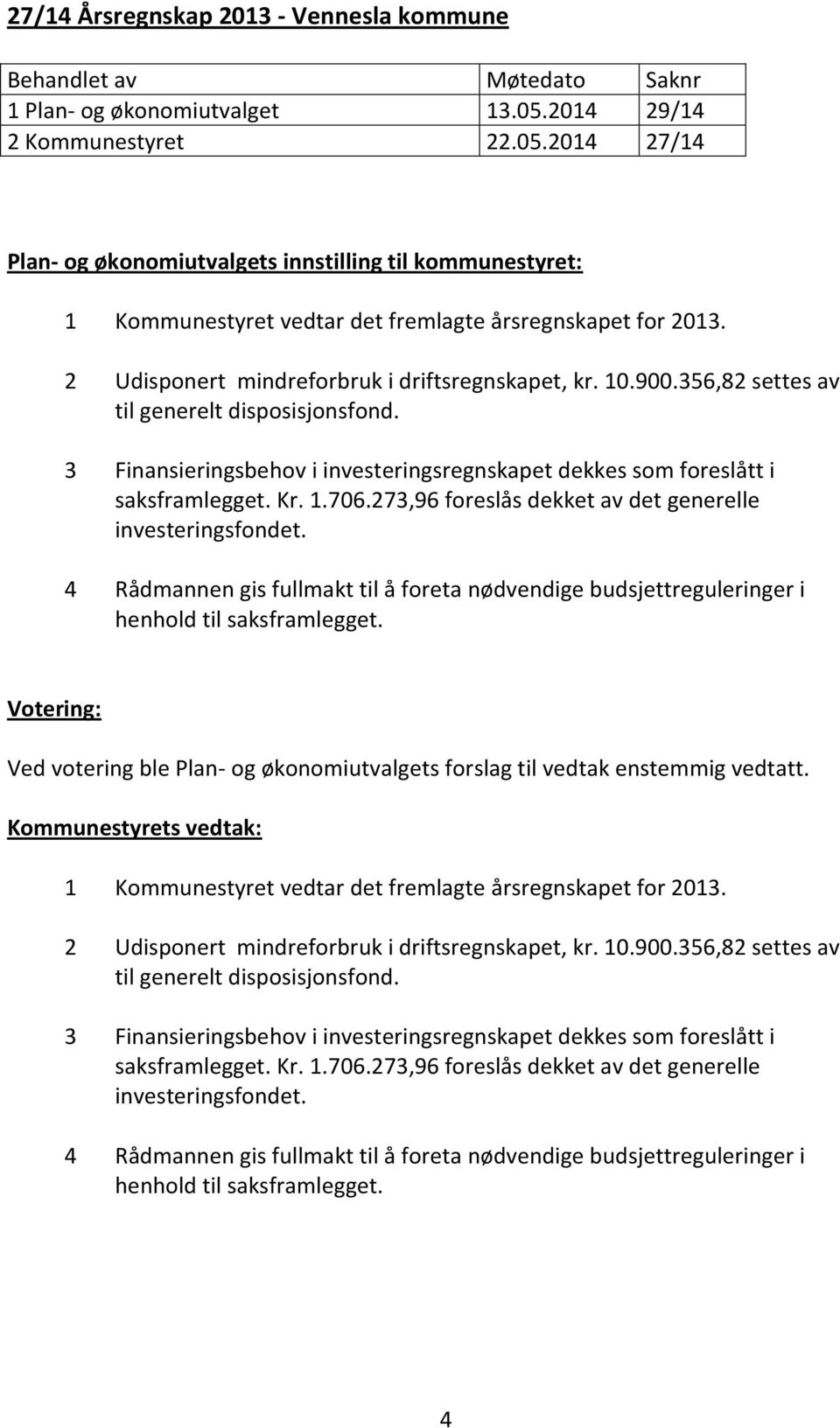 2 Udisponert mindreforbruk i driftsregnskapet, kr. 10.900.356,82 settes av til generelt disposisjonsfond. 3 Finansieringsbehov i investeringsregnskapet dekkes som foreslått i saksframlegget. Kr. 1.706.