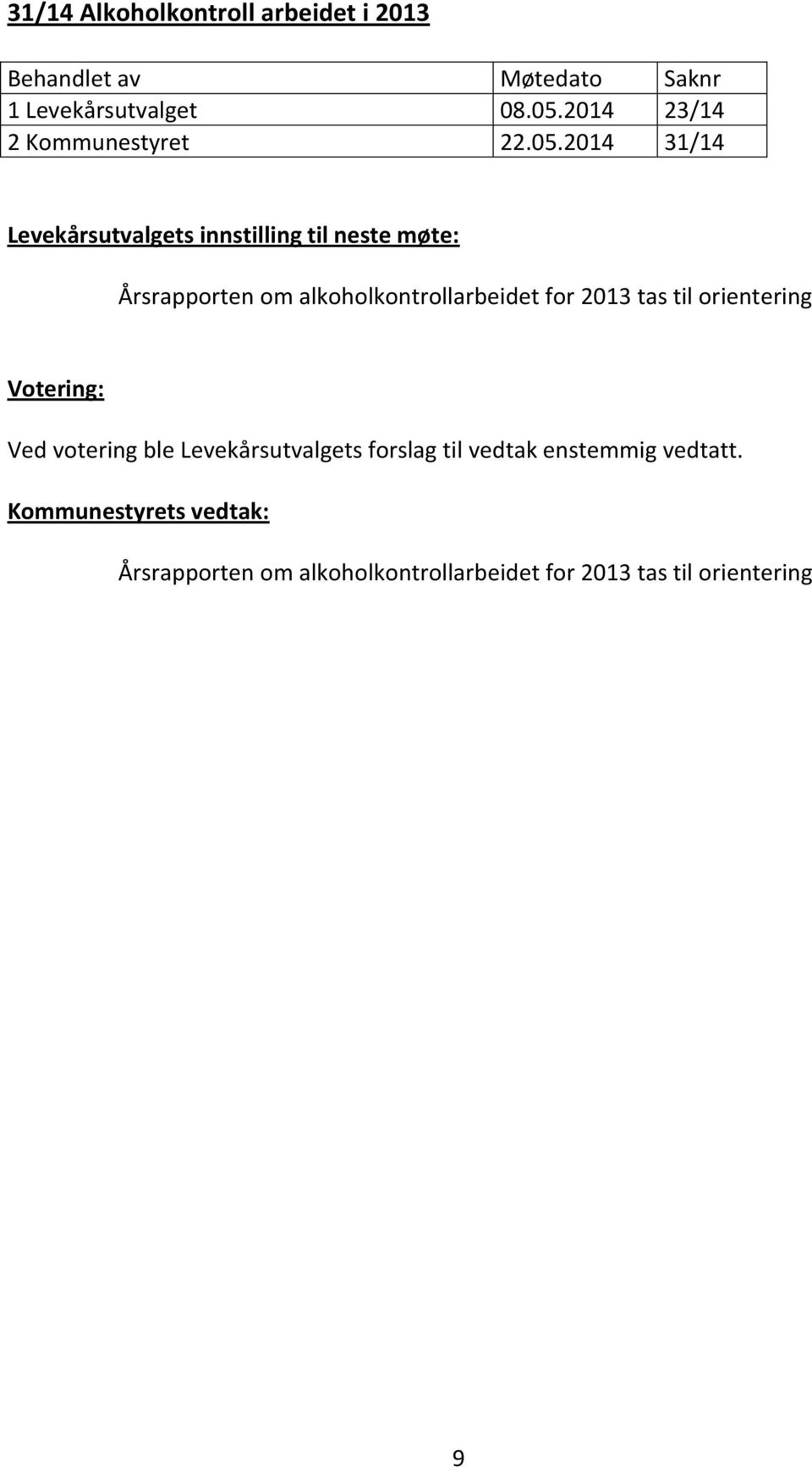 2014 31/14 Levekårsutvalgets innstilling til neste møte: Årsrapporten om