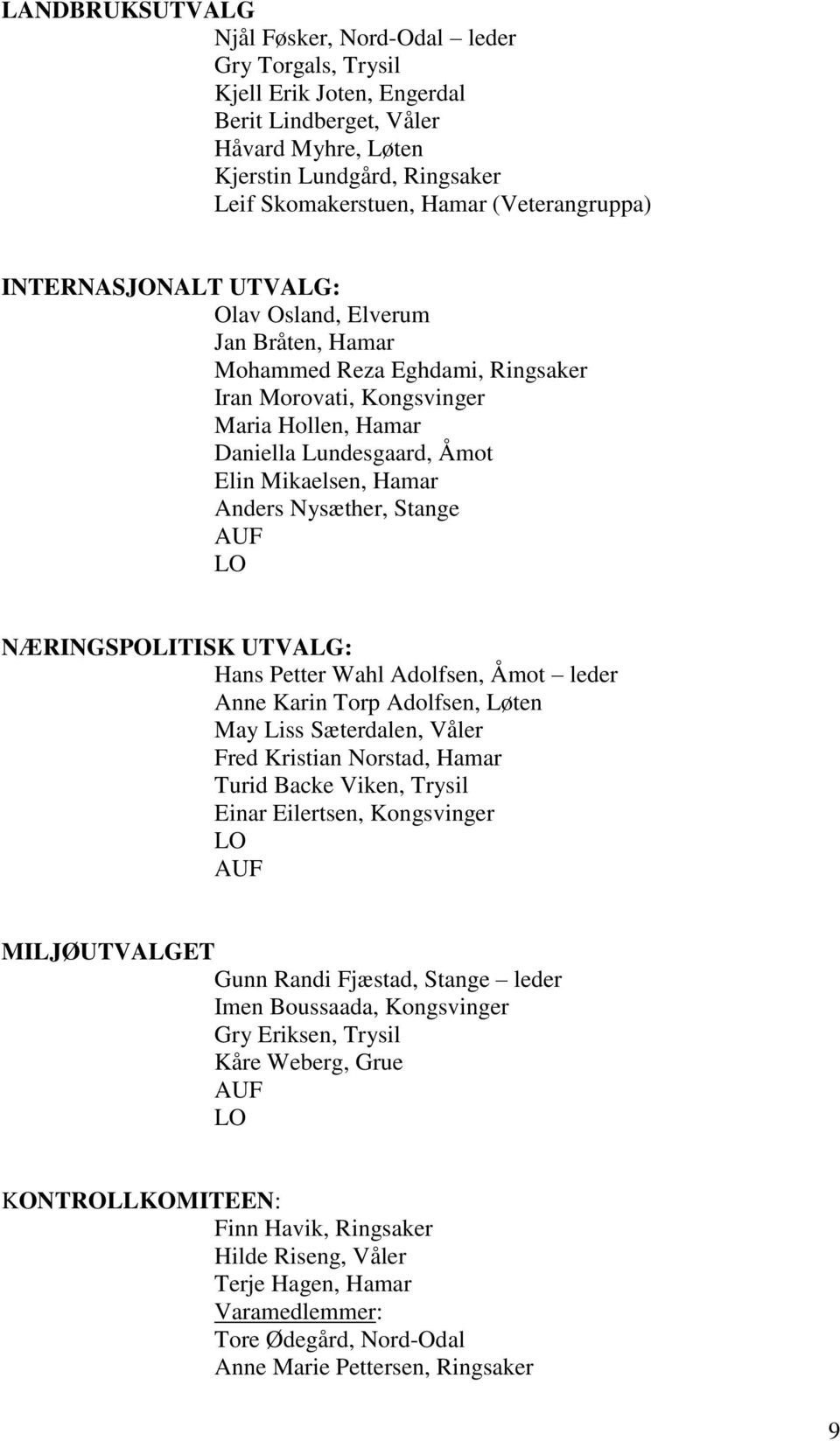 Mikaelsen, Hamar Anders Nysæther, Stange AUF LO NÆRINGSPOLITISK UTVALG: Hans Petter Wahl Adolfsen, Åmot leder Anne Karin Torp Adolfsen, Løten May Liss Sæterdalen, Våler Fred Kristian Norstad, Hamar