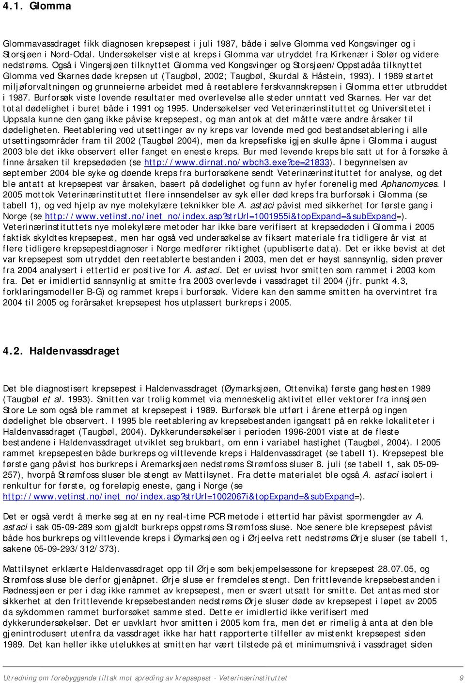 Også i Vingersjøen tilknyttet Glomma ved Kongsvinger og Storsjøen/Oppstadåa tilknyttet Glomma ved Skarnes døde krepsen ut (Taugbøl, 2002; Taugbøl, Skurdal & Håstein, 1993).