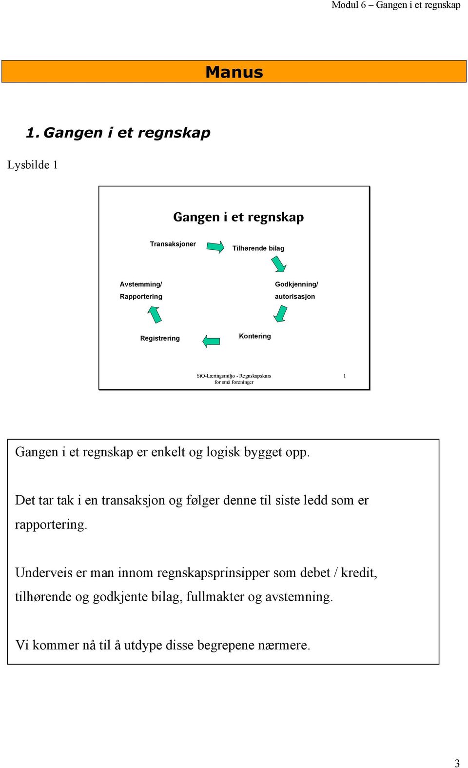 Registrering Kontering SiO-Læringsmiljø - Regnskapskurs for små foreninger 1 Gangen i et regnskap er enkelt og logisk bygget opp.