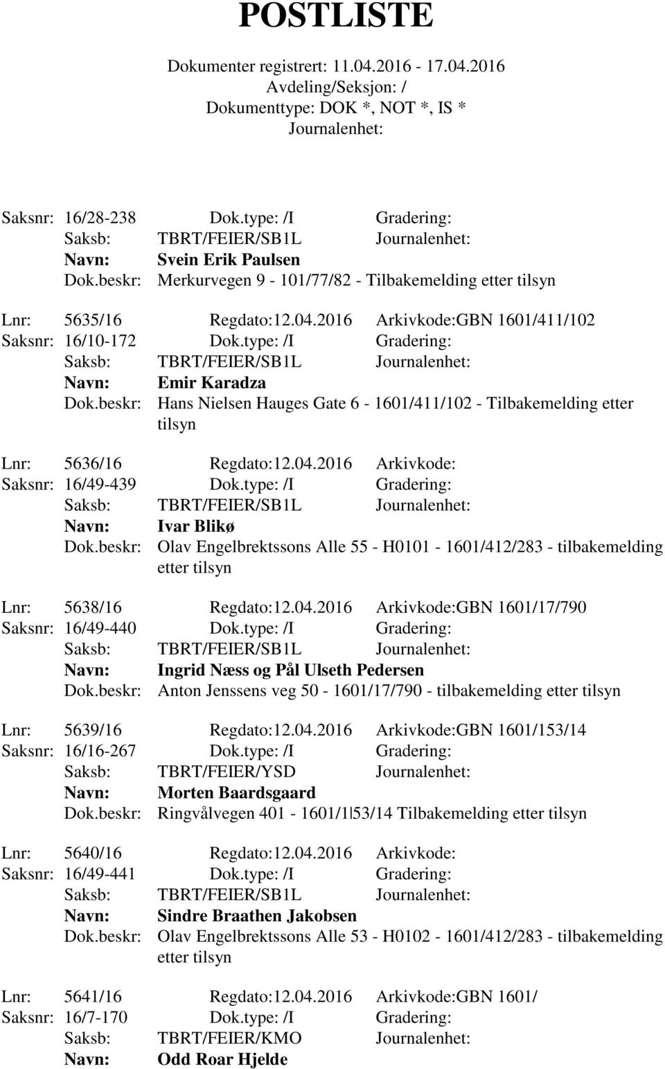 04.2016 Arkivkode: Saksnr: 16/49-439 Dok.type: /I Gradering: Navn: Ivar Blikø Dok.beskr: Olav Engelbrektssons Alle 55 - H0101-1601/412/283 - tilbakemelding etter tilsyn Lnr: 5638/16 Regdato:12.04.2016 Arkivkode:GBN 1601/17/790 Saksnr: 16/49-440 Dok.