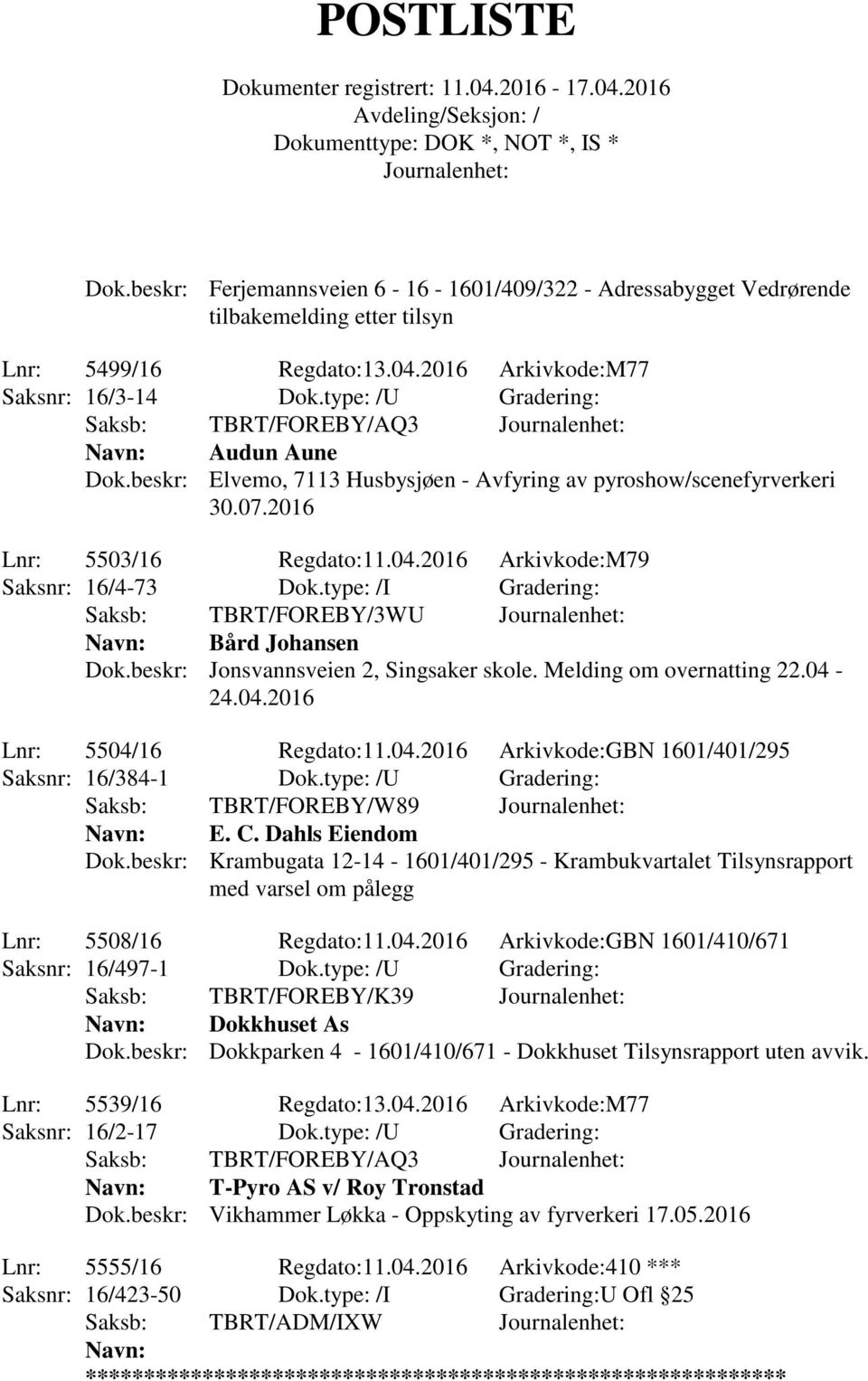 2016 Arkivkode:M79 Saksnr: 16/4-73 Dok.type: /I Gradering: Saksb: TBRT/FOREBY/3WU Navn: Bård Johansen Dok.beskr: Jonsvannsveien 2, Singsaker skole. Melding om overnatting 22.04-