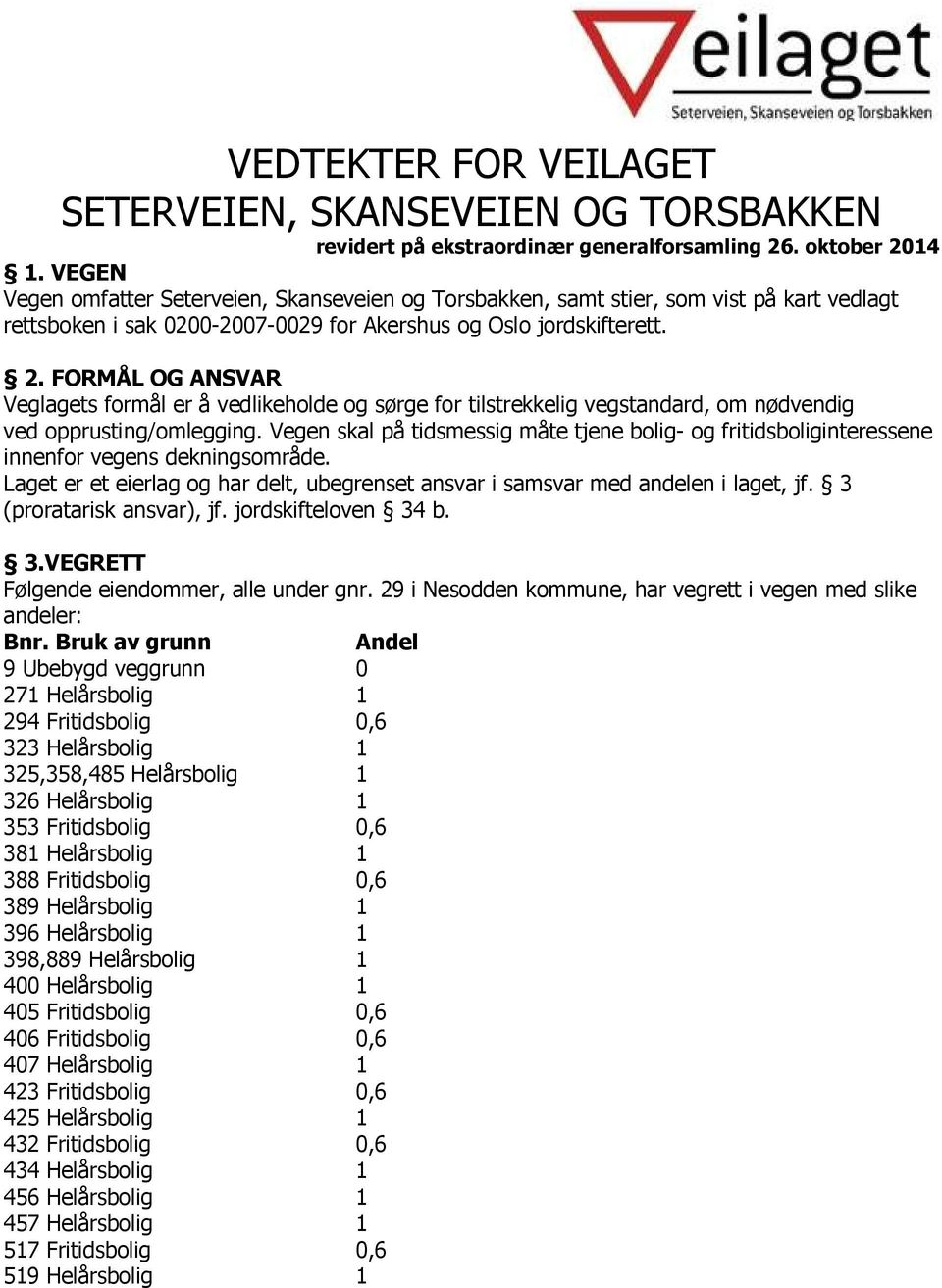 FORMÅL OG ANSVAR Veglagets formål er å vedlikeholde og sørge for tilstrekkelig vegstandard, om nødvendig ved opprusting/omlegging.