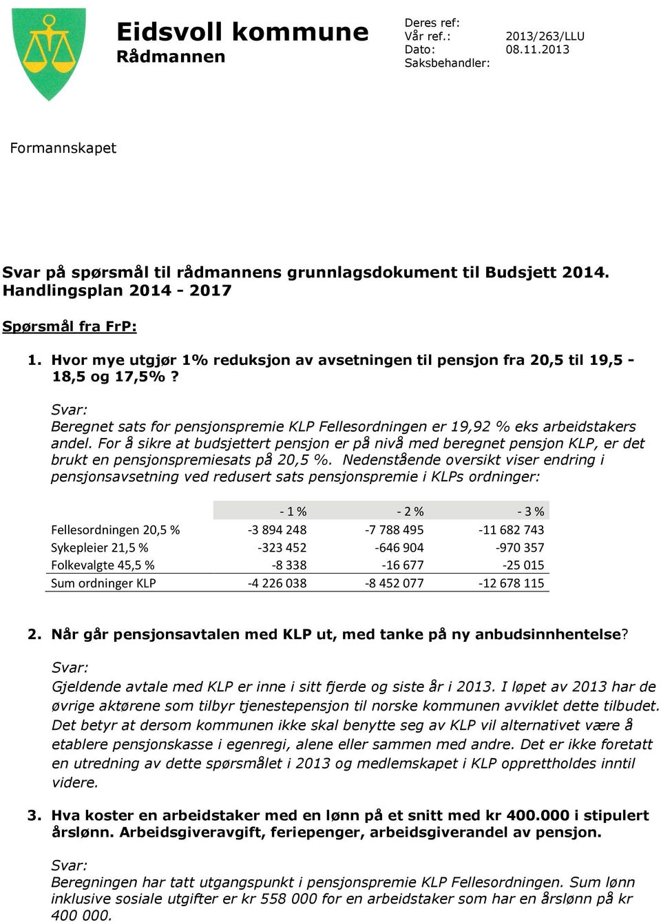 Beregnet sats for pensjonspremie KLP Fellesordningen er 19,92 % eks arbeidstakers andel.