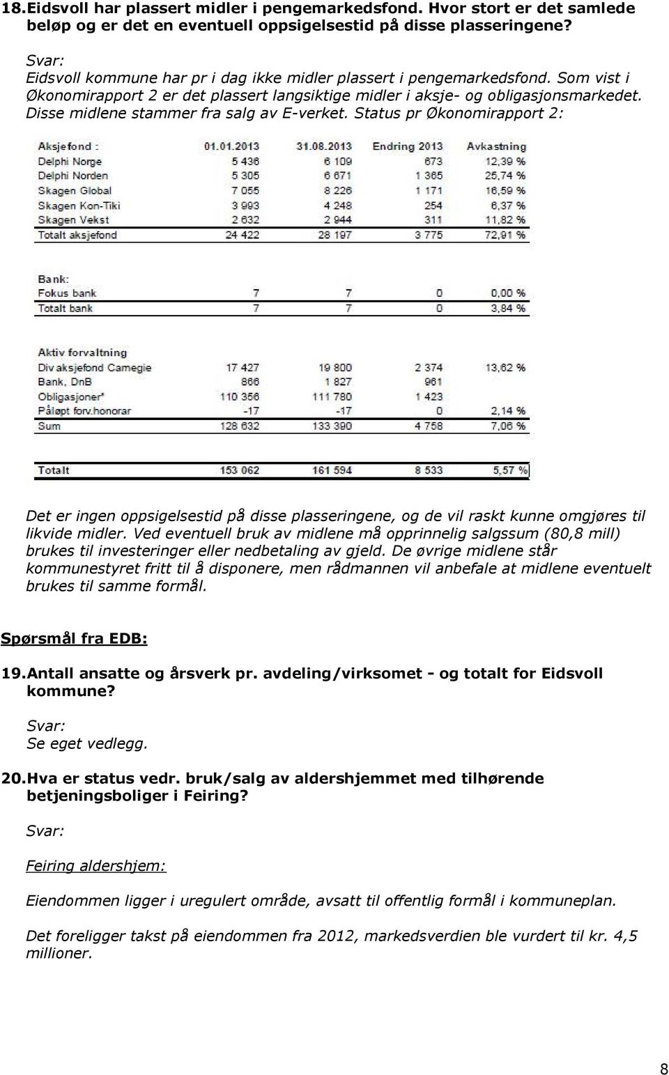 Disse midlene stammer fra salg av E-verket. Status pr Økonomirapport 2: Det er ingen oppsigelsestid på disse plasseringene, og de vil raskt kunne omgjøres til likvide midler.