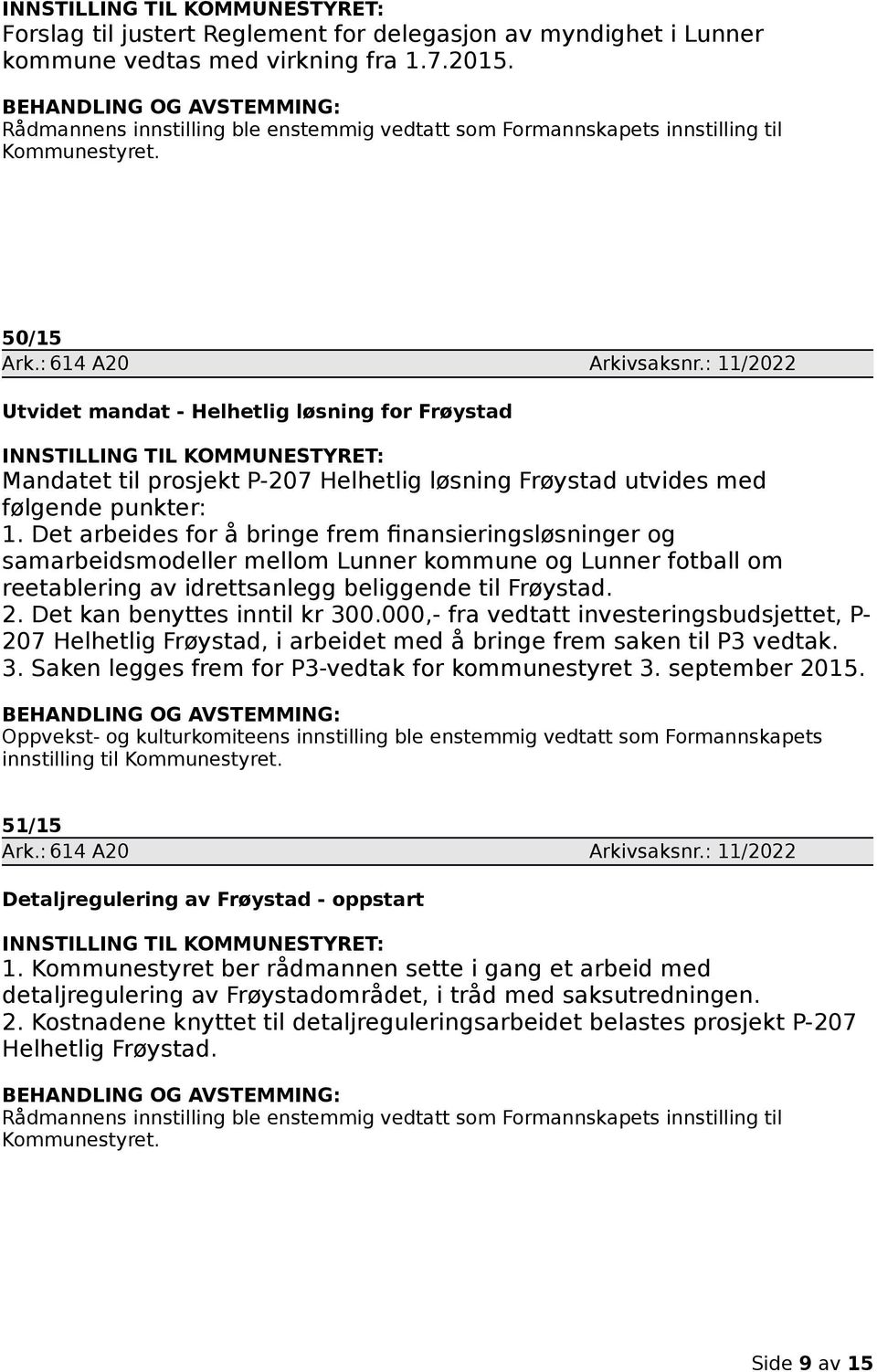 Det arbeides for å bringe frem finansieringsløsninger og samarbeidsmodeller mellom Lunner kommune og Lunner fotball om reetablering av idrettsanlegg beliggende til Frøystad. 2.