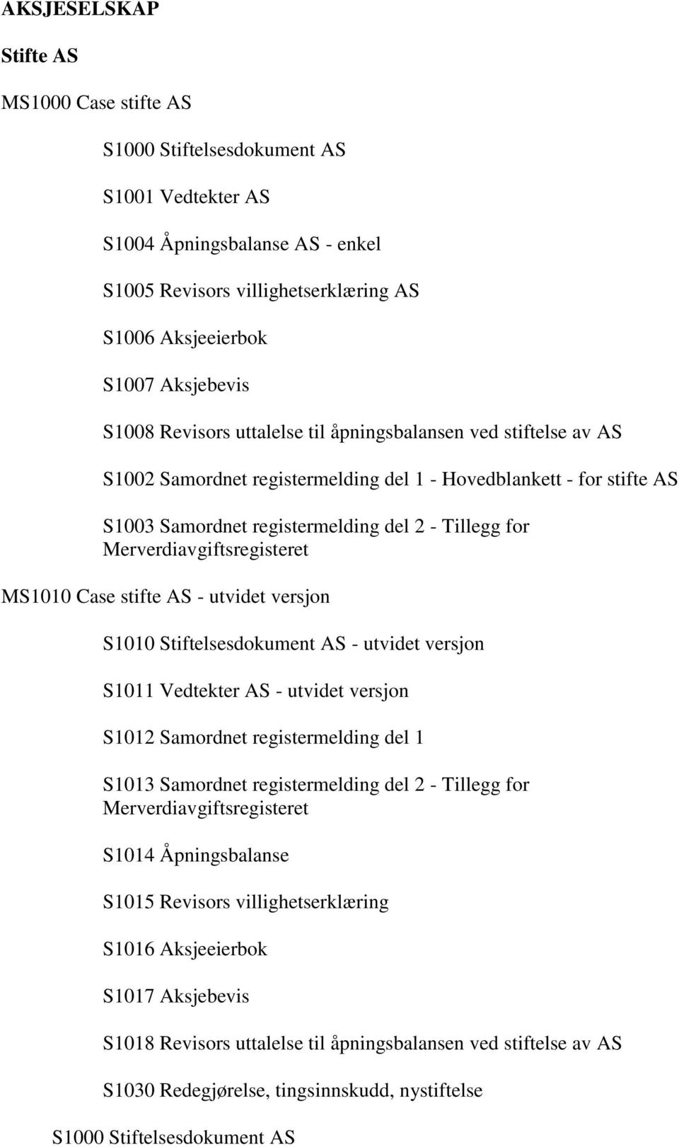 Merverdiavgiftsregisteret MS1010 Case stifte AS - utvidet versjon S1010 Stiftelsesdokument AS - utvidet versjon S1011 Vedtekter AS - utvidet versjon S1012 Samordnet registermelding del 1 S1013