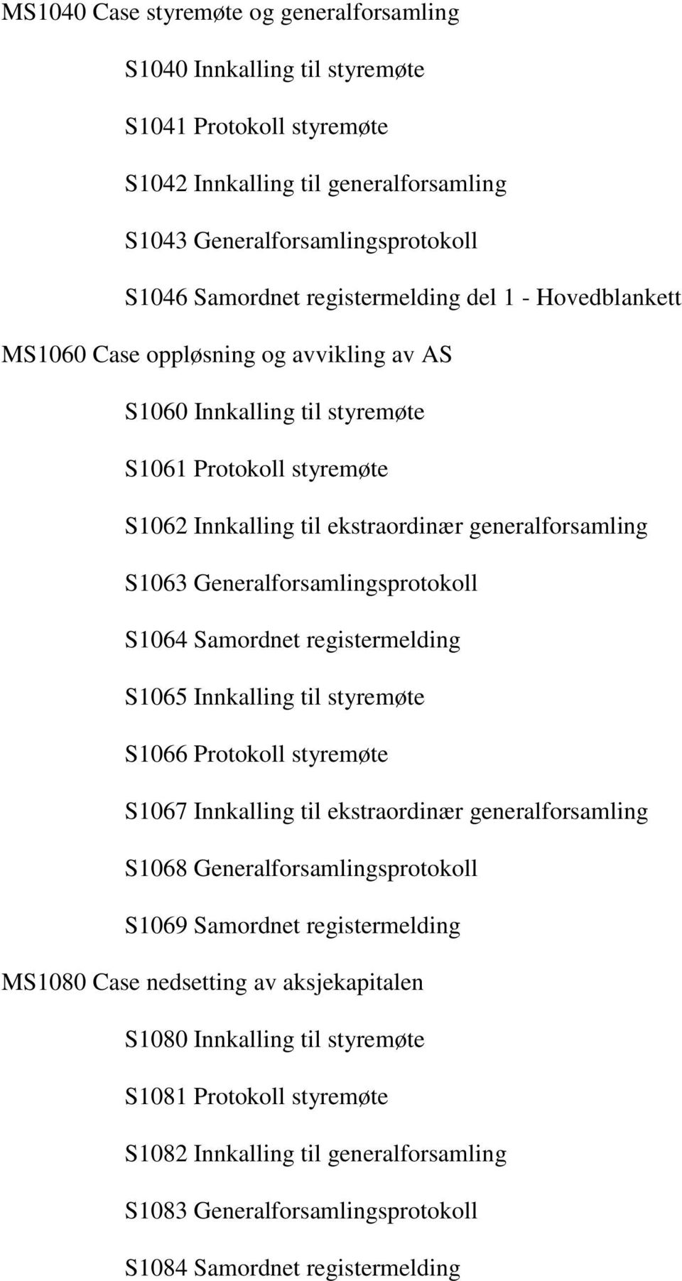 Generalforsamlingsprotokoll S1064 Samordnet registermelding S1065 Innkalling til styremøte S1066 Protokoll styremøte S1067 Innkalling til ekstraordinær generalforsamling S1068