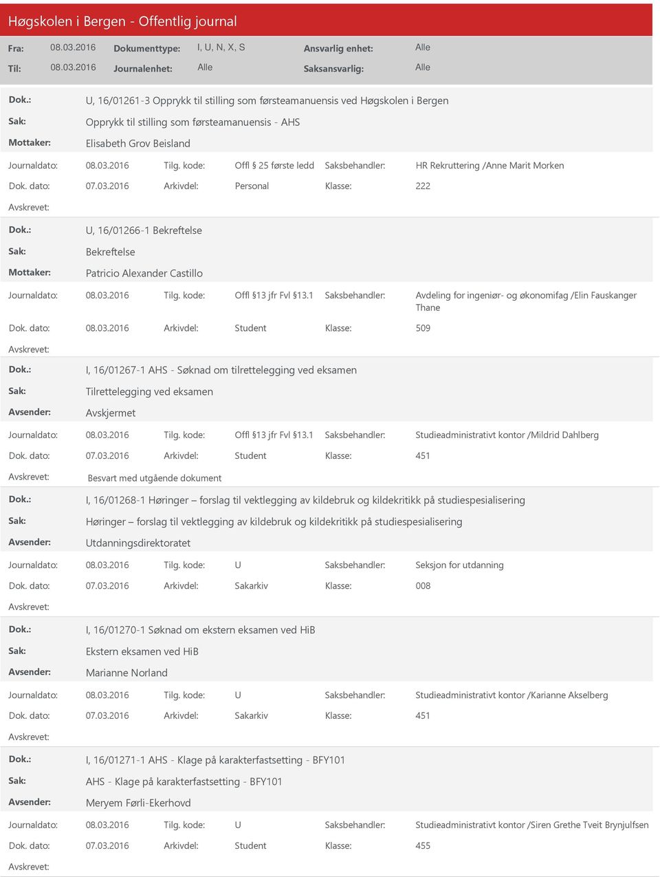 dato: Arkivdel: Student 509 I, 16/01267-1 AHS - Søknad om tilrettelegging ved eksamen Studieadministrativt kontor /Mildrid Dahlberg Besvart med utgående dokument I, 16/01268-1 Høringer forslag til