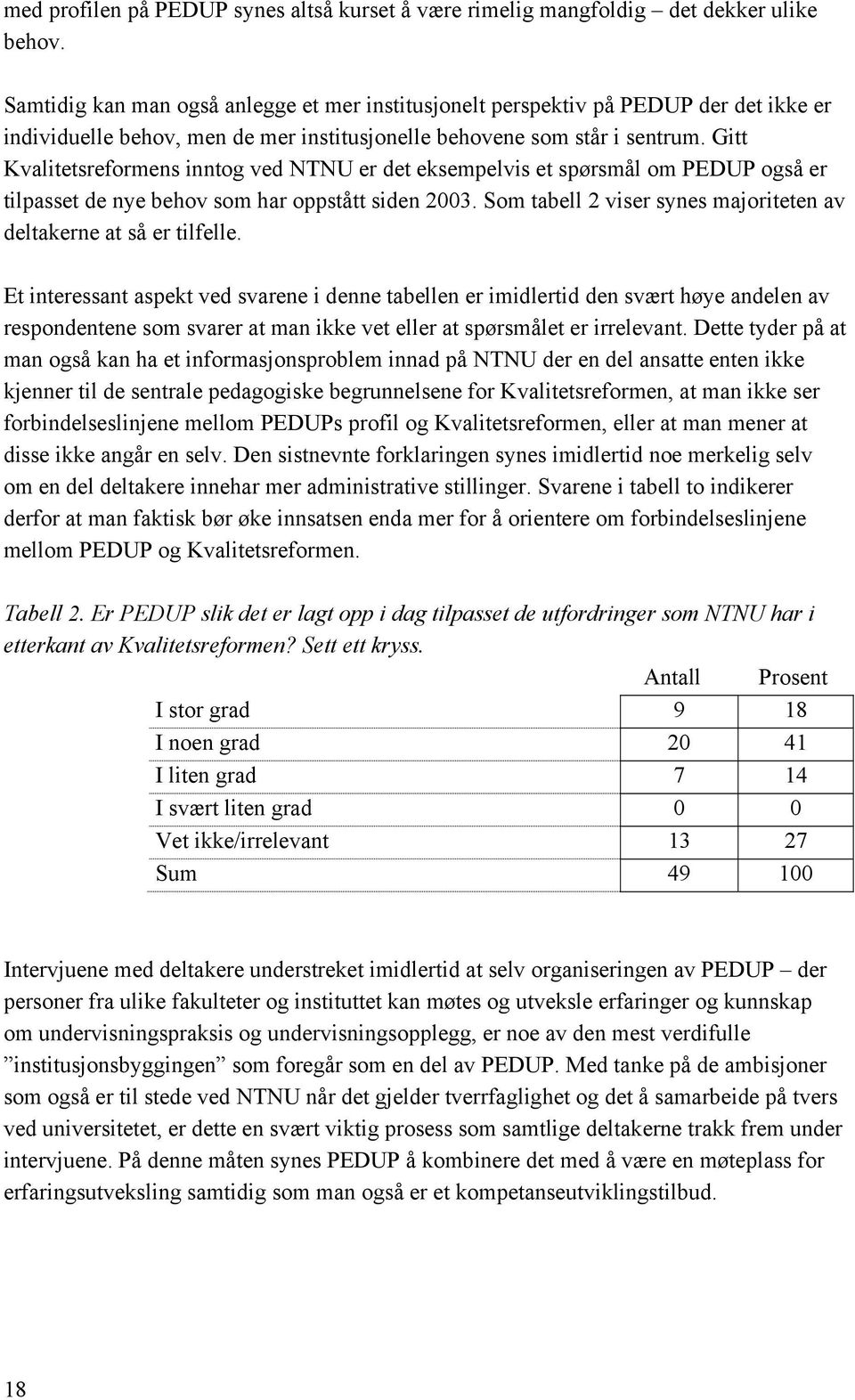 Gitt Kvalitetsreformens inntog ved NTNU er det eksempelvis et spørsmål om PEDUP også er tilpasset de nye behov som har oppstått siden 2003.