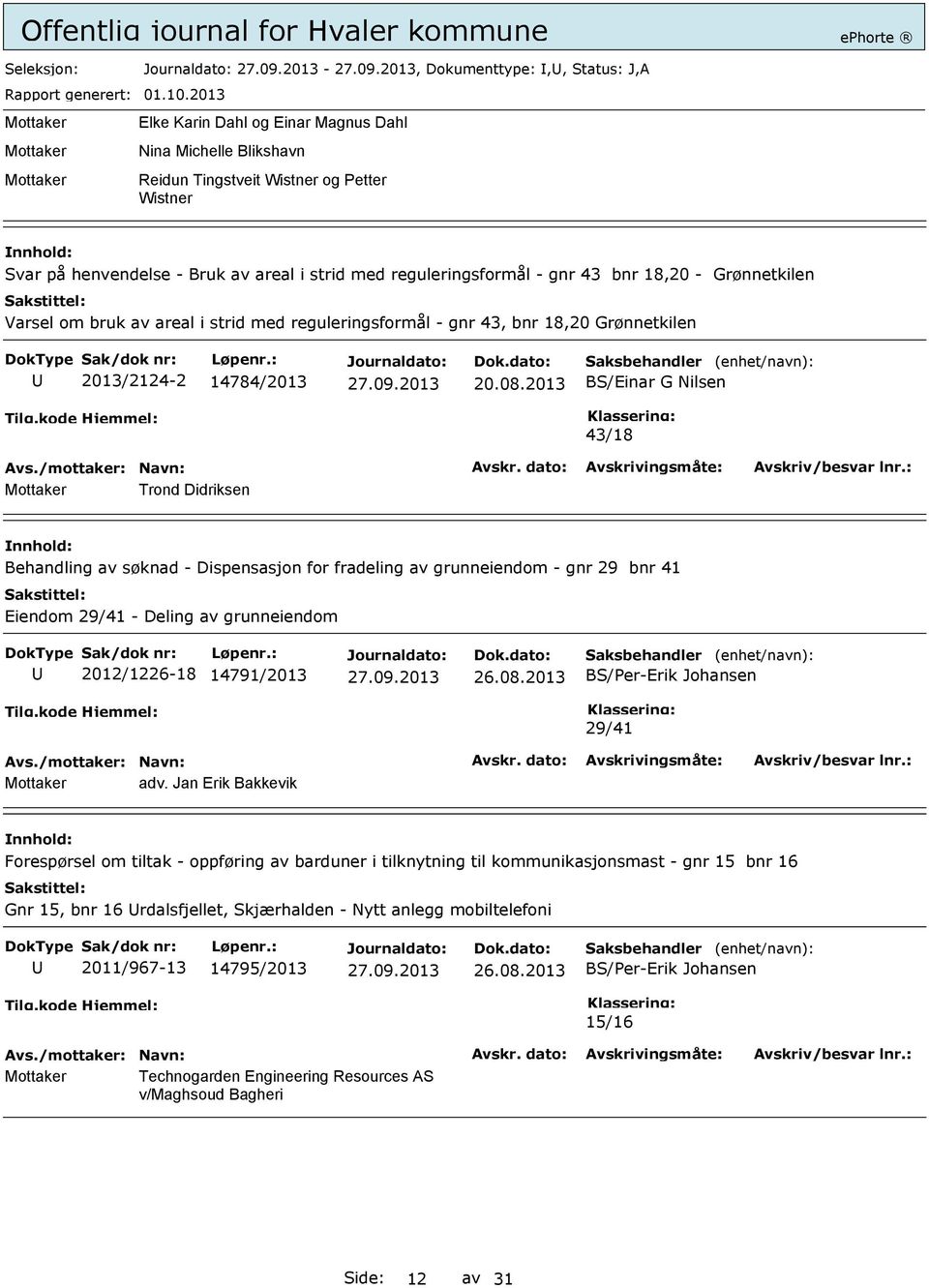 2013 BS/Einar G Nilsen 43/18 Trond Didriksen Behandling av søknad - Dispensasjon for fradeling av grunneiendom - gnr 29 bnr 41 Eiendom 29/41 - Deling av grunneiendom 2012/1226-18 14791/2013 26.08.