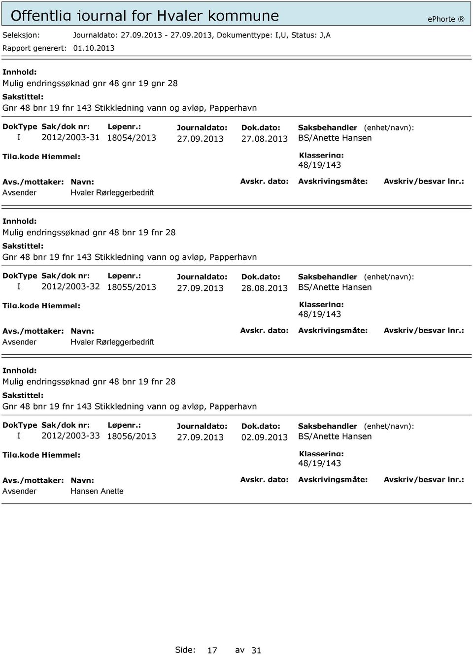 2013 48/19/143 Avsender Hvaler Rørleggerbedrift Mulig endringssøknad gnr 48 bnr 19 fnr 28 Gnr 48 bnr 19 fnr 143 Stikkledning vann og avløp,