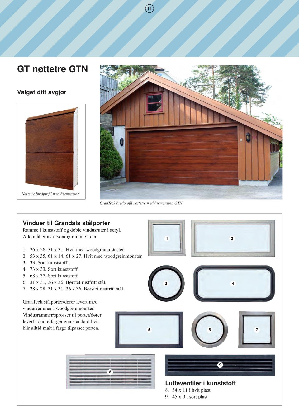 Hvit med woodgreinmønster. 3. 33. Sort kunststoff. 4. 73 x 33. Sort kunststoff. 5. 68 x 37. Sort kunststoff. 6. 31 x 31, 36 x 36. Børstet rustfritt stål. 7. 28 x 28, 31 x 31, 36 x 36.