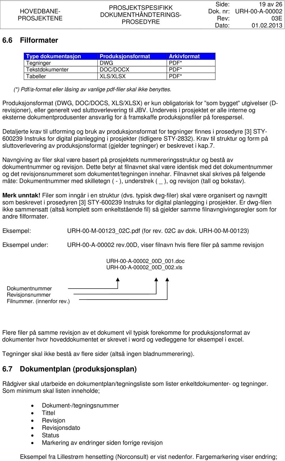 benyttes. Produksjonsformat (DWG, DOC/DOCS, XLS/XLSX) er kun obligatorisk for som bygget utgivelser (Drevisjoner), eller generelt ved sluttoverlevering til JBV.