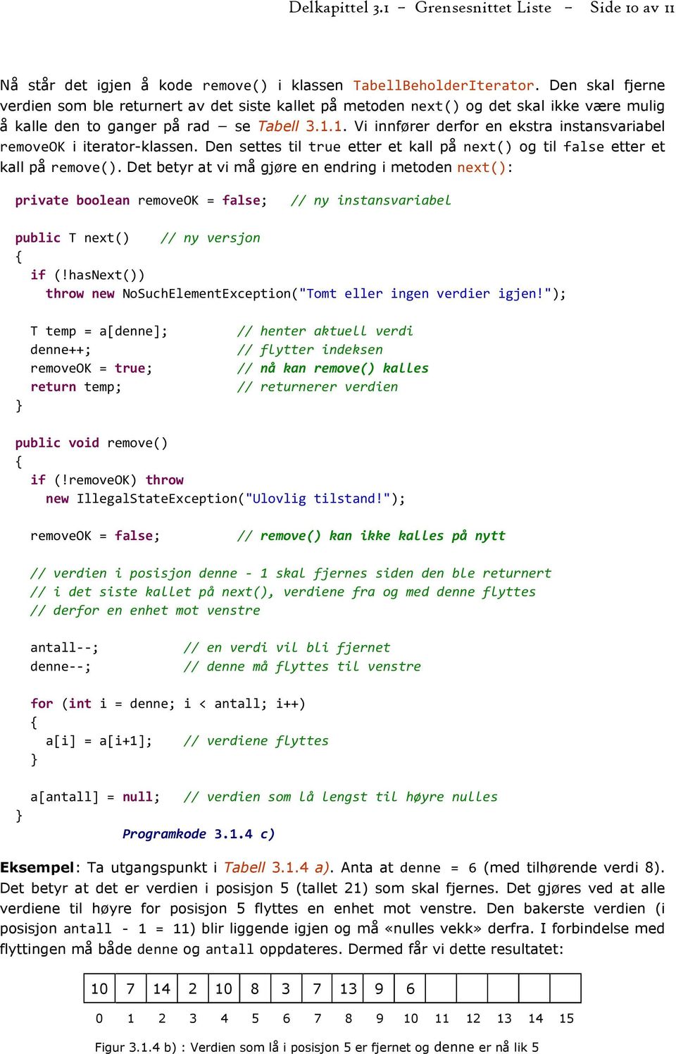 1. Vi innfører derfor en ekstra instansvariabel removeok i iterator-klassen. Den settes til true etter et kall på next() og til false etter et kall på remove().