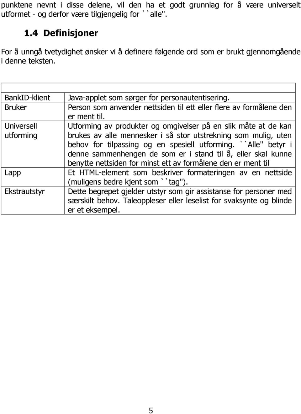 BankID-klient Bruker Universell utforming Lapp Ekstrautstyr Java-applet som sørger for personautentisering. Person som anvender nettsiden til ett eller flere av formålene den er ment til.