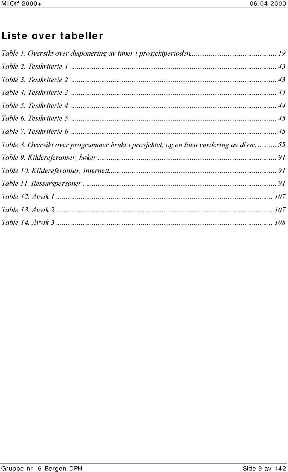 Oversikt over programmer brukt i prosjektet, og en liten vurdering av disse... 55 Table 9. Kildereferanser, bøker... 91 Table 10.