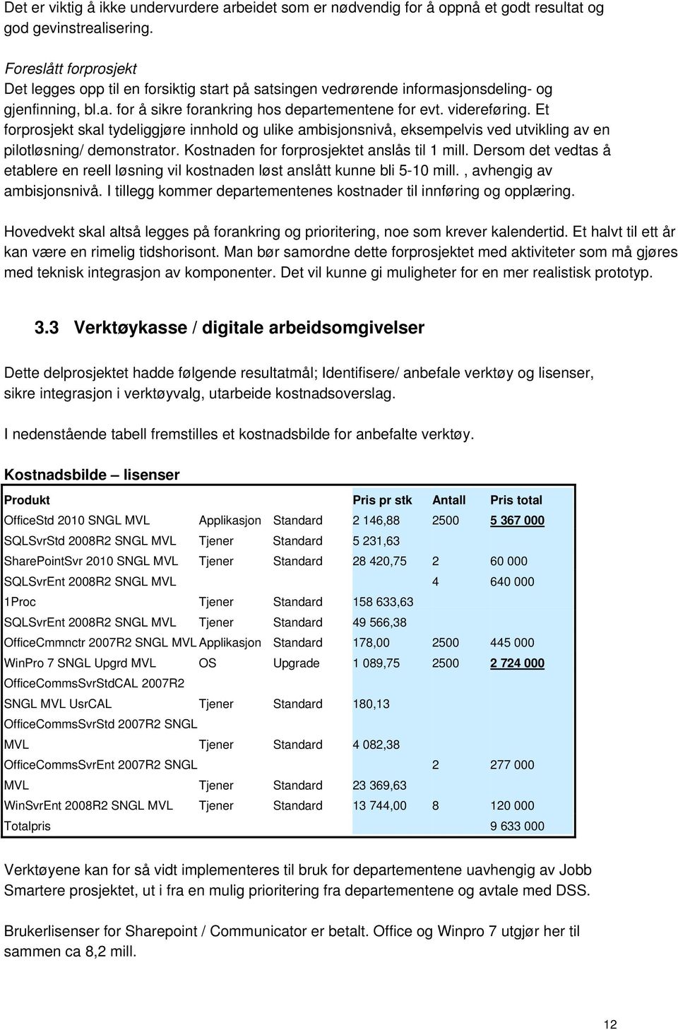 Et forprosjekt skal tydeliggjøre innhold og ulike ambisjonsnivå, eksempelvis ved utvikling av en pilotløsning/ demonstrator. Kostnaden for forprosjektet anslås til 1 mill.