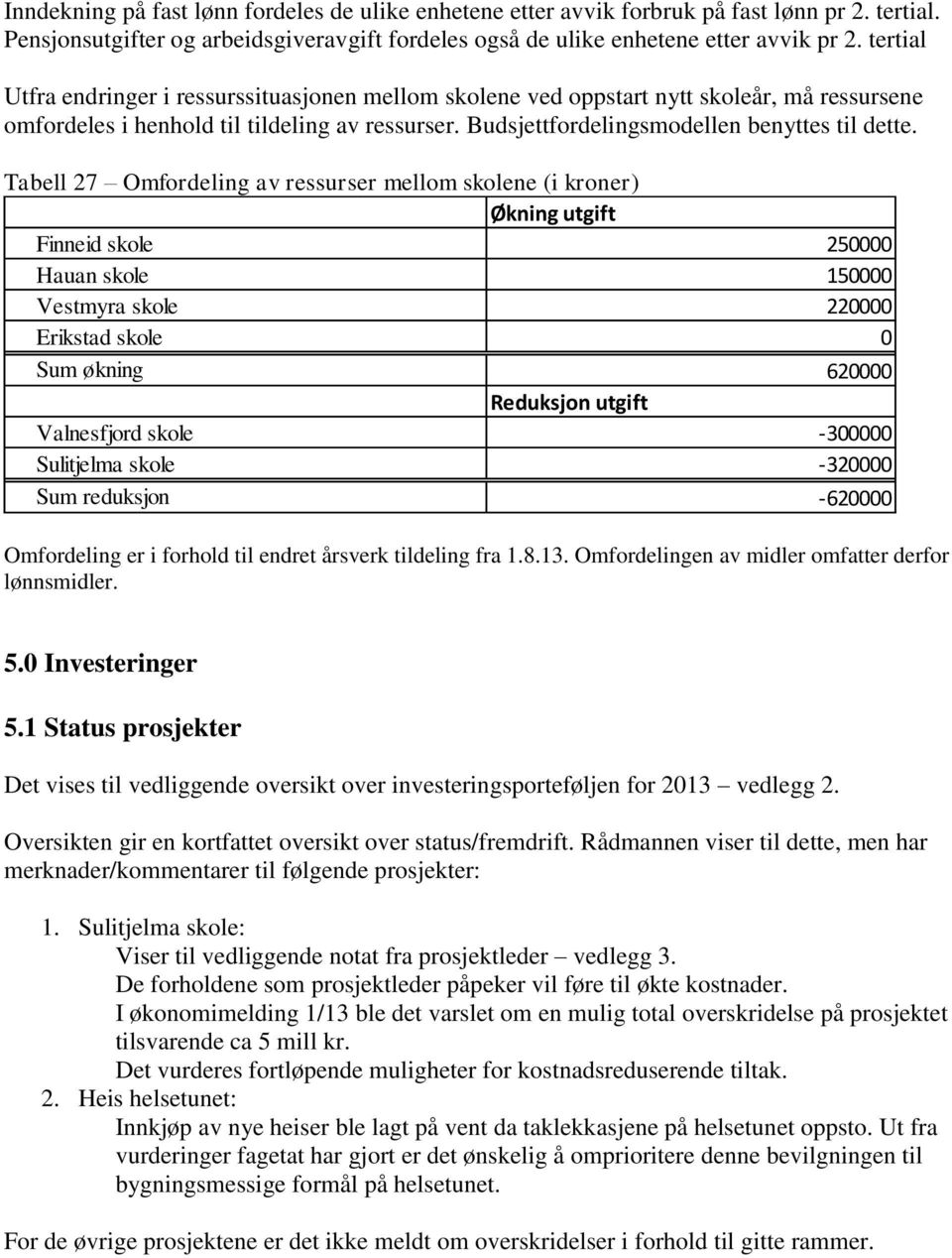 Tabell 27 Omfordeling av ressurser mellom skolene (i kroner) Økning utgift Finneid skole 250000 Hauan skole 150000 Vestmyra skole 220000 Erikstad skole 0 Sum økning 620000 Reduksjon utgift