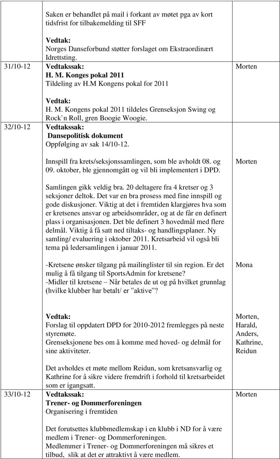 32/10-12 Vedtakssak: Dansepolitisk dokument Oppfølging av sak 14/10-12. Innspill fra krets/seksjonssamlingen, som ble avholdt 08. og 09. oktober, ble gjennomgått og vil bli implementert i DPD.