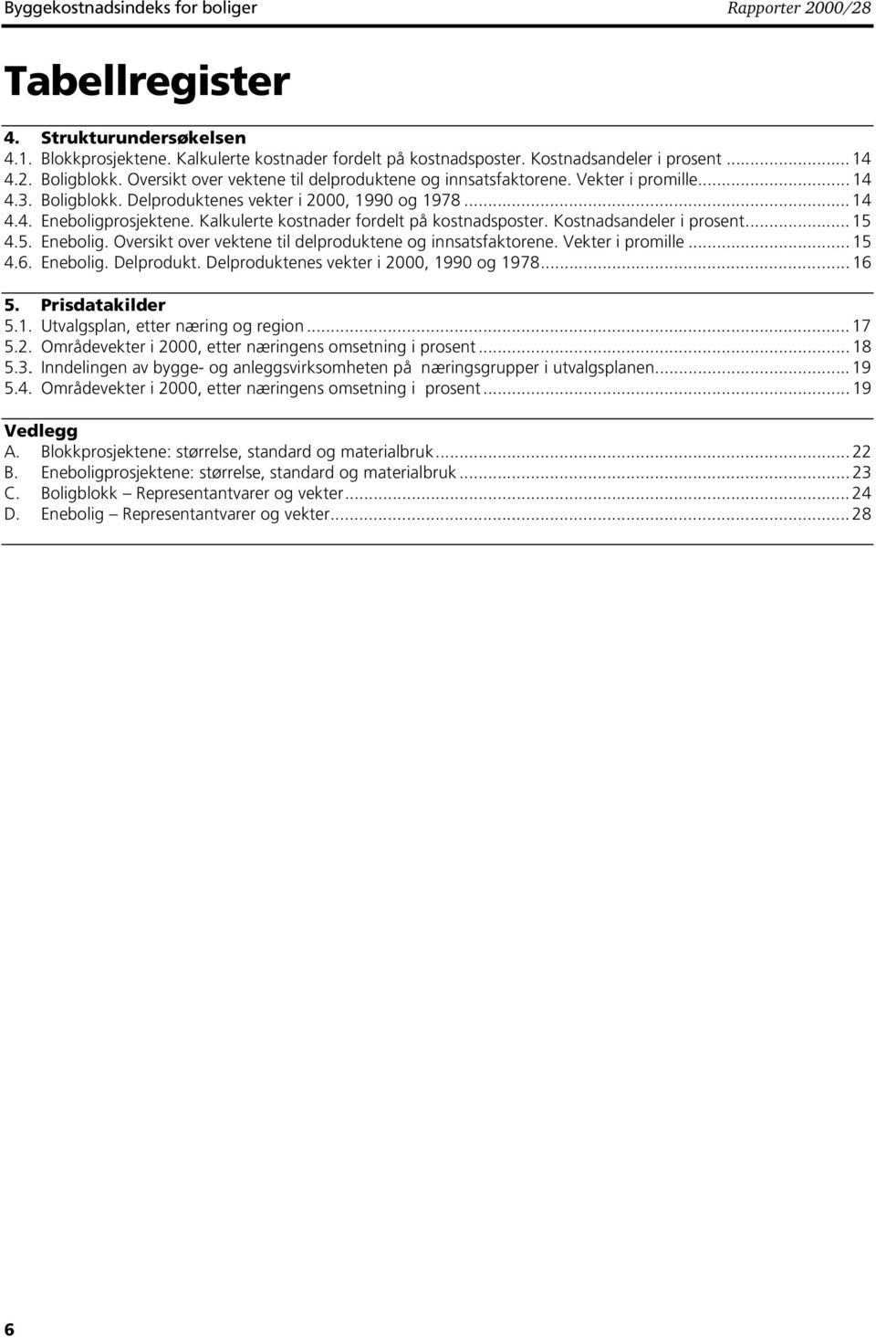 Kalkulerte kostnader fordelt på kostnadsposter. Kostnadsandeler i prosent... 15 4.5. Enebolig. Oversikt over vektene til delproduktene og innsatsfaktorene. Vekter i promille... 15 4.6. Enebolig. Delprodukt.