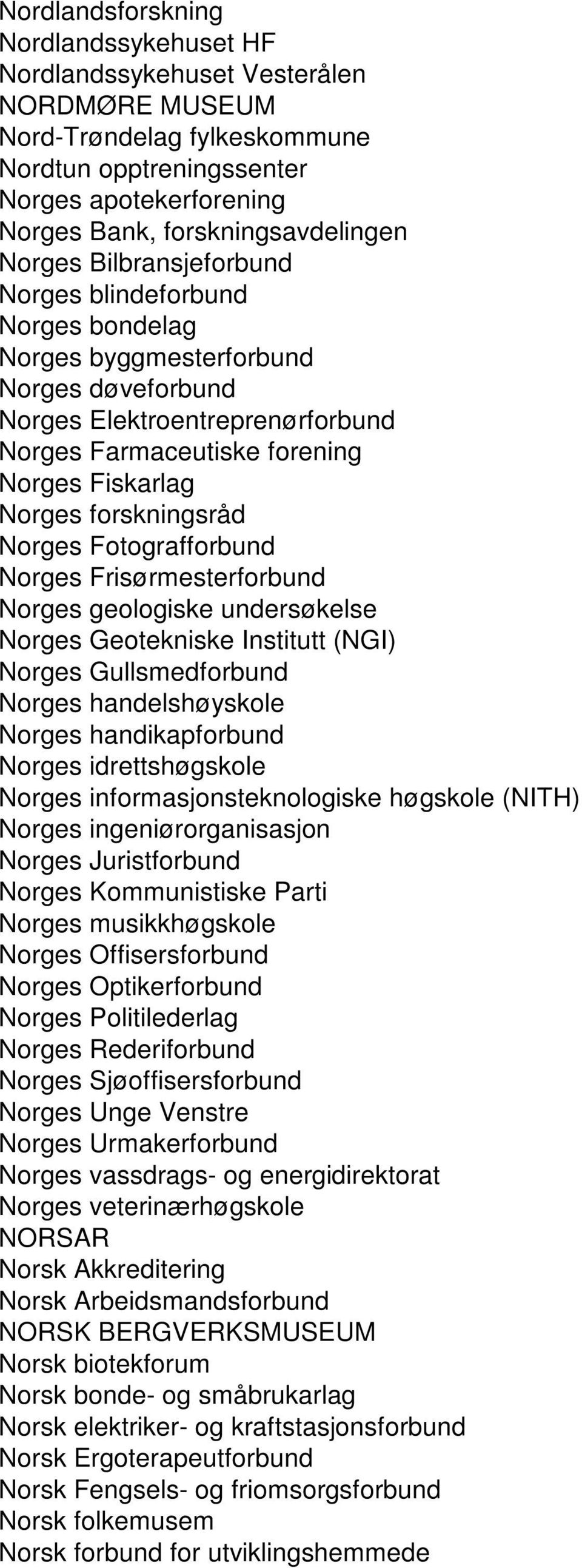 forskningsråd Norges Fotografforbund Norges Frisørmesterforbund Norges geologiske undersøkelse Norges Geotekniske Institutt (NGI) Norges Gullsmedforbund Norges handelshøyskole Norges handikapforbund