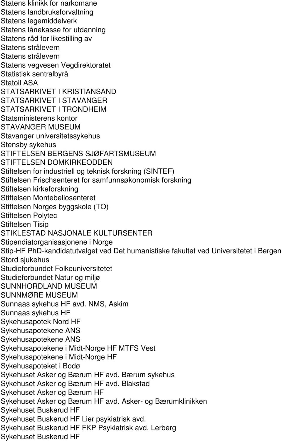 universitetssykehus Stensby sykehus STIFTELSEN BERGENS SJØFARTSMUSEUM STIFTELSEN DOMKIRKEODDEN Stiftelsen for industriell og teknisk forskning (SINTEF) Stiftelsen Frischsenteret for samfunnsøkonomisk