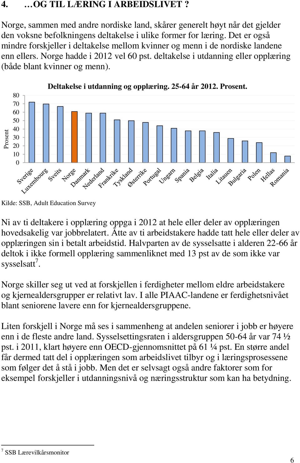 80 70 60 50 40 30 20 10 0 Deltakelse i utdanning og opplæring. 25-64 år 2012. Prosent.