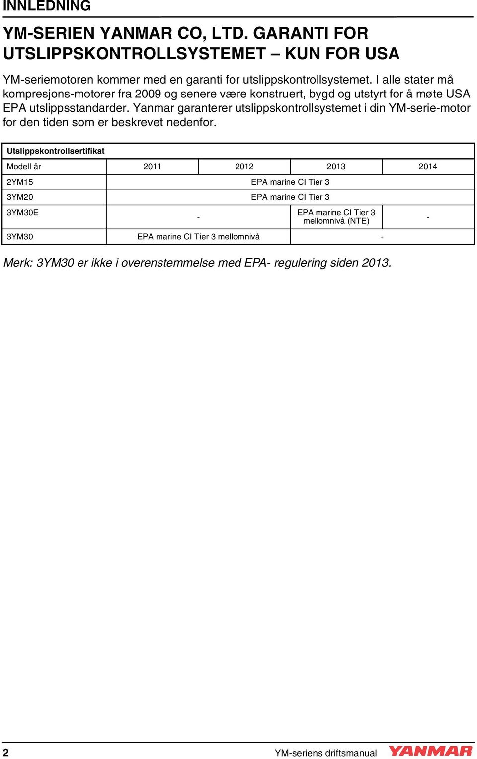 Yanmar garanterer utslippskontrollsystemet i din YM-serie-motor for den tiden som er beskrevet nedenfor.