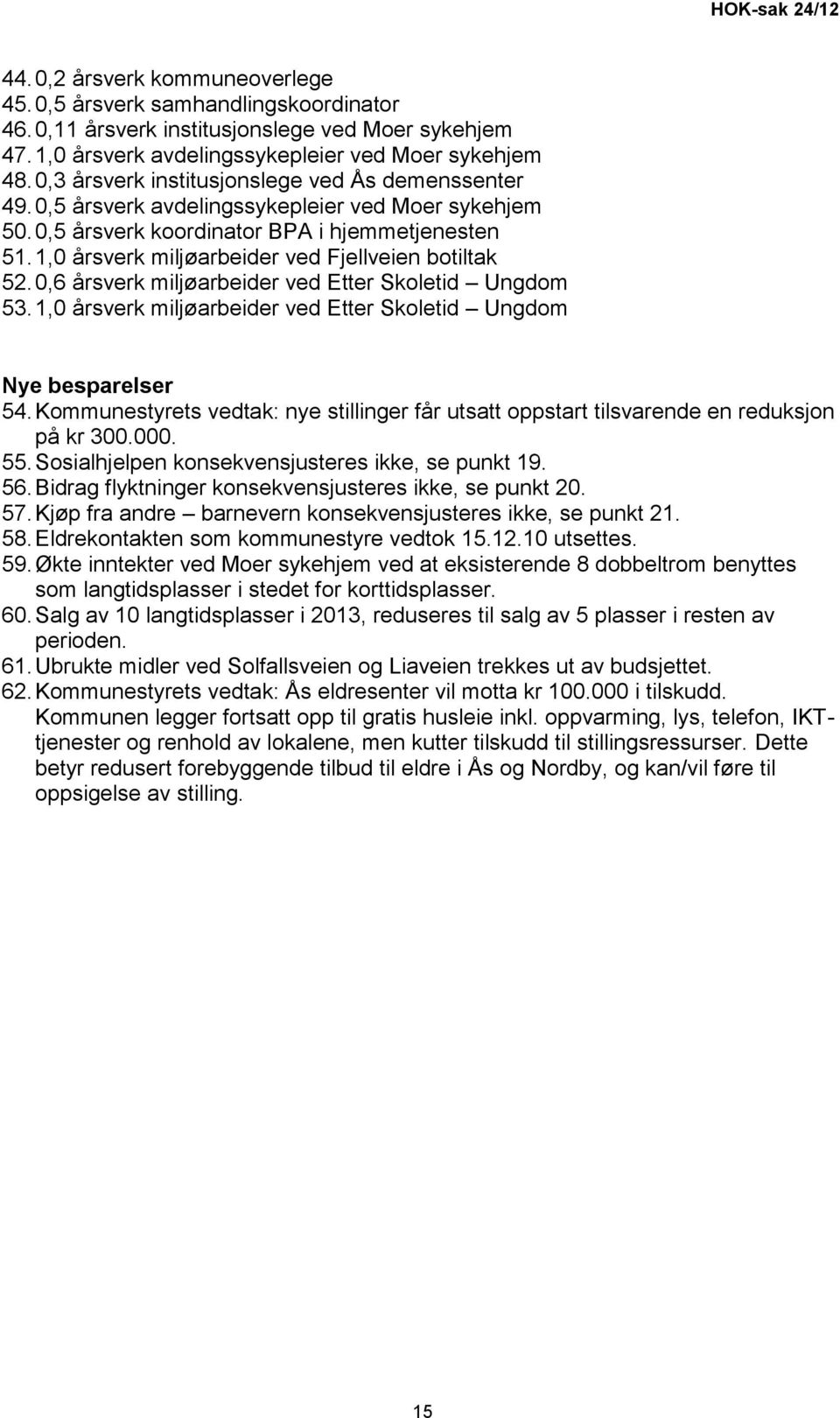 1,0 årsverk miljøarbeider ved Fjellveien botiltak 52. 0,6 årsverk miljøarbeider ved Etter Skoletid Ungdom 53. 1,0 årsverk miljøarbeider ved Etter Skoletid Ungdom Nye besparelser 54.