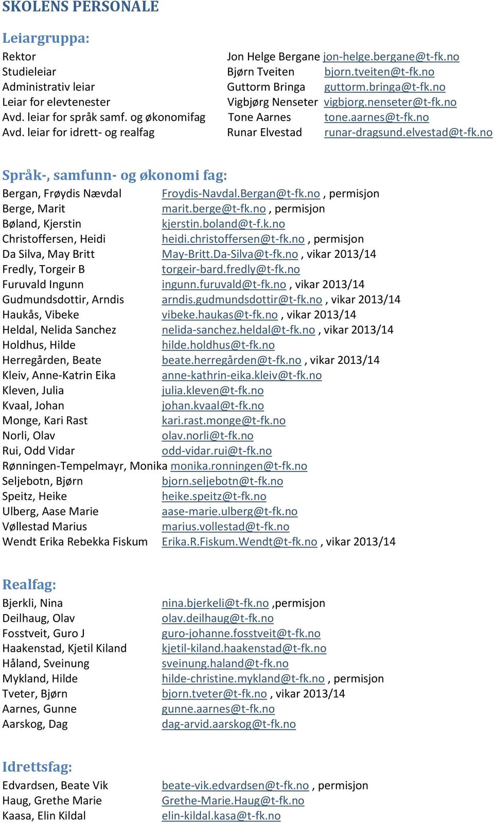 elvestad@t-fk.no Språk-, samfunn- og økonomi fag: Bergan, Frøydis Nævdal Froydis-Navdal.Bergan@t-fk.no, permisjon Berge, Marit marit.berge@t-fk.no, permisjon Bøland, Kjerstin kjerstin.boland@t-f.k.no Christoffersen, Heidi heidi.