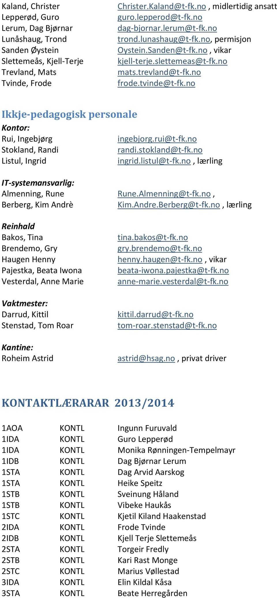 no Ikkje-pedagogisk personale Kontor: Rui, Ingebjørg ingebjorg.rui@t-fk.no Stokland, Randi randi.stokland@t-fk.no Listul, Ingrid ingrid.listul@t-fk.